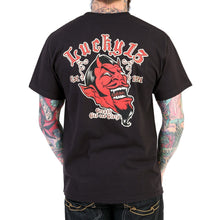 Load image into Gallery viewer, back of Black Lucky 13 t-shirt with a full back print of the "Grease, Gas & Glory" Devil Head design, and a front left chest print.