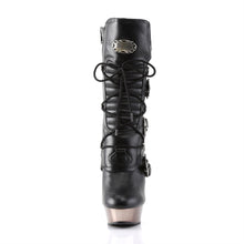 Load image into Gallery viewer, front side view of black vegan leather, 5.5" silver finger bone heel 1.5" platform lace up calf high boot features skull buckle straps and has full inner side zip