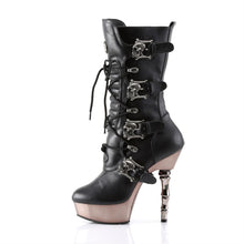 Load image into Gallery viewer, outer side view of black vegan leather, 5.5" silver finger bone heel 1.5" platform lace up calf high boot features skull buckle straps and has full inner side zip