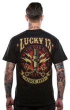 Load image into Gallery viewer, back of Lucky 13 amped t-shirt with a full back print of their classic "Amped" graphic, and a front left chest print.