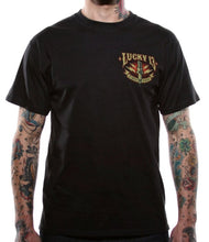 Load image into Gallery viewer, front of Lucky 13 amped t-shirt with a full back print of their classic "Amped" graphic, and a front left chest print.