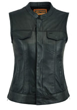 Load image into Gallery viewer, women's black leather back panel concealment vest with two side pockets and two snap closure breast pockets with hidden snap closure