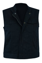 Load image into Gallery viewer, women's black denim vest with double side pockets, and double breast pockets. front zip with button snaps