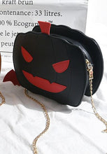 Load image into Gallery viewer, front view of black pumpkin jack o' lantern bag