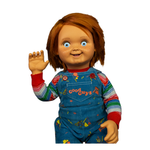 Load image into Gallery viewer, front of Chucky doll replicated from Child's Play 2. Classic overalls, striped shirt, and good guys shoes.