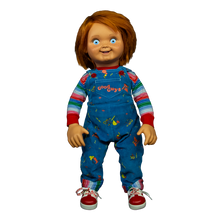Load image into Gallery viewer, front of Chucky doll replicated from Child's Play 2. Classic overalls, striped shirt, and good guys shoes.