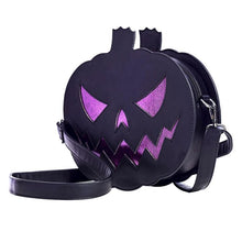 Load image into Gallery viewer, Matte black vinyl jack o lantern purse with sparkly glitter vinyl stitched details. Purse has adjustable strap, zip closure, leopard print satin lining and a zippered pocket on the inside. Can be worn as a cross body bag, or on the shoulder.