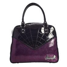 Load image into Gallery viewer, Glossy black vinyl and purple stitched spider webbing, along with contrast purple glitter panel with backseat stitching. Generously sized and can double as an overnight bag, complete with satin leopard liner and signature metal Sourpuss emblem and reinforced studded handles.