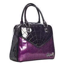 Load image into Gallery viewer, Glossy black vinyl and purple stitched spider webbing, along with contrast purple glitter panel with backseat stitching. Generously sized and can double as an overnight bag, complete with satin leopard liner and signature metal Sourpuss emblem and reinforced studded handles.