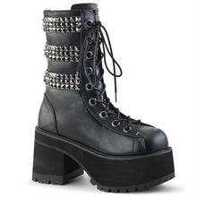 Load image into Gallery viewer, outer view of Black vegan leather 3 3/4" heel, 2 1/4" platform lace-up front ankle boot, with triple studded ornamental straps and pyramid stud & horseshoe rings at back.