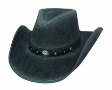 Load image into Gallery viewer, Faded black denim cowboy hat with diamond shaped leather strap around base of hat with silver star pendant on front