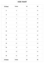 Load image into Gallery viewer, demonia shoe size chart, from right to left, Women's US size, men's US size, UK sizes and EU sizes