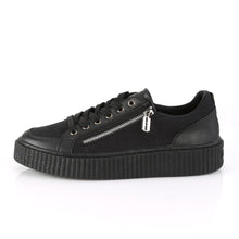 Load image into Gallery viewer, outer side view of 1.5" platform rubber sole Low top round toe lace-up front creeper sneaker Features ornamental silver metal zippers on sides w/ razor blade zipper heads