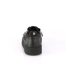 Load image into Gallery viewer, back view of 1.5" platform rubber sole Low top round toe lace-up front creeper sneaker Features ornamental silver metal zippers on sides w/ razor blade zipper heads