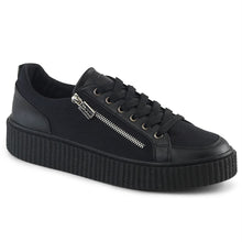 Load image into Gallery viewer, outer side view of black 1.5" platform rubber sole Low top round toe lace-up front creeper sneaker Features ornamental silver metal zippers on sides w/ razor blade zipper heads