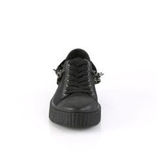 Load image into Gallery viewer, front view of black 1.5" platform rubber sole Low top round toe lace-up front creeper sneaker Features 3 interchangeable metal chains on the heel