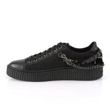 Load image into Gallery viewer, inner side view of black 1.5" platform rubber sole Low top round toe lace-up front creeper sneaker Features 3 interchangeable metal chains on the heel