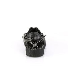 Load image into Gallery viewer, back view of black 1.5" platform rubber sole Low top round toe lace-up front creeper sneaker Features 3 interchangeable metal chains on the heel