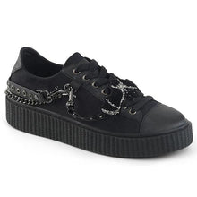 Load image into Gallery viewer, outer side view of black 1.5" platform rubber sole Low top round toe lace-up front creeper sneaker Features 3 interchangeable metal chains on the heel