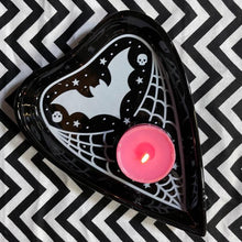 Load image into Gallery viewer, Use as a place to stash jewelry, coins, or other small things. Planchette is black, with a white bat, small white skull and stars details,, and white spiderweb details. CANDLE NOT INCLUDED.