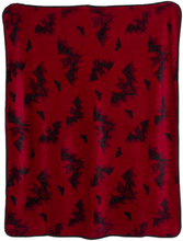 Load image into Gallery viewer, burgundy fleece blanket with black trim, featuring a black bats pattern.