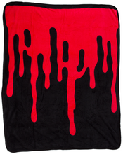 Load image into Gallery viewer, Black fleece throw blanket with red blood drip print.
