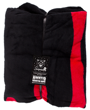 Load image into Gallery viewer, Black fleece throw blanket with red blood drip print.