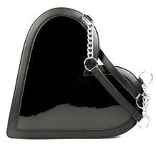 Load image into Gallery viewer, back view of heart shaped glossy black bag with a stitched spiderweb design at the bottom, chain link hardware and faux leather straps.