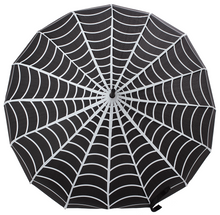 Load image into Gallery viewer, top view of Vintage-inspired classic shape, black umbrella with white spiderwebs, featuring a domed top to shield you from the rain or sun, with a slender, black J-shaped handle.
