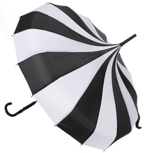 Load image into Gallery viewer, side view of Vintage-inspired classic shape, gothy victorian black and white striped umbrella, featuring a domed top to shield you from the rain or sun, with a slender, black J-shaped handle.