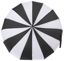 Load image into Gallery viewer, top view of Vintage-inspired classic shape, gothy victorian black and white striped umbrella, featuring a domed top to shield you from the rain or sun, with a slender, black J-shaped handle.