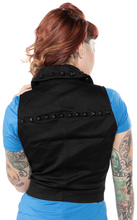 Load image into Gallery viewer, back view of Black vest. Vest has the same shape and design as a moto jacket, with a zip up front and black studs around the collar.