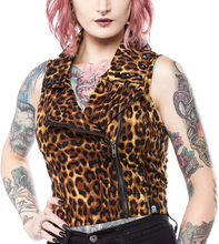 Load image into Gallery viewer, Leopard print vest has the same shape and design as a moto jacket, with a zip up front and black studs around the collar.