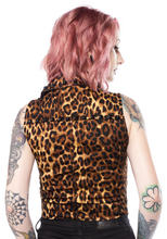Load image into Gallery viewer, back view of Leopard print vest has the same shape and design as a moto jacket, with a zip up front and black studs around the collar.