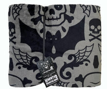 Load image into Gallery viewer, Spooky skulls, bats and webs black and gray damask pattern fleece throw blanket.