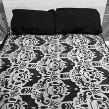 Load image into Gallery viewer, Spooky skulls, bats and webs black and gray damask pattern fleece throw blanket.