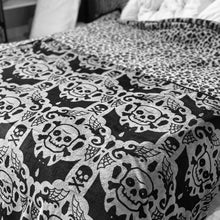 Load image into Gallery viewer, Spooky skulls, bats and webs black and gray damask pattern fleece throw blanket.