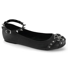 Load image into Gallery viewer, outer side view of black Vegan leather Ankle strap flat Features studded straps and pentagram ornament on vamp with buckle & spikes detail