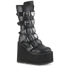 Load image into Gallery viewer, black vegan leather 5 1/2" wedge platform boot with five adjustable straps and five heart shaped metal plates on the front center