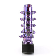 Load image into Gallery viewer, front view of vegan vinyl purple hologram 5 1/2" wedge platform Mid-calf boot Features 5 buckle straps w/ heart shaped metal plates at center with back metal zip closure