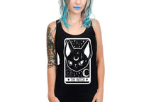 Load image into Gallery viewer, women's Black tank top with black cat with half moon on head, tarot card design with text on the bottom that reads "the witch"
