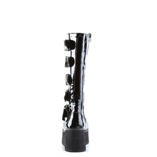 Load image into Gallery viewer, back side view of black vinyl patent shiny 3 1/4" platform Goth punk style knee high boot with 5 adjustable buckle straps from top to bottom with full inner side zipper