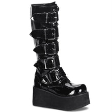 Load image into Gallery viewer, outer view of black vinyl patent shiny 3 1/4" platform Goth punk style knee high boot with 5 adjustable buckle straps from top to bottom with full inner side zipper