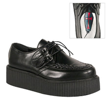 Load image into Gallery viewer, outer side view of black vegan leather 2" platform with hidden coffin shaped sole compartment