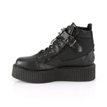 Load image into Gallery viewer, left side view of black vegan leather 2" platform lace-up oxford creeper bootie shoe, buckle strap w/ cone spike studded metal plate & o-ring details, zipper details up the back w/ exposed outer and inner zippers