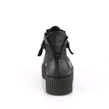 Load image into Gallery viewer, back side view of black vegan leather 2" platform lace-up oxford creeper bootie shoe, buckle strap w/ cone spike studded metal plate & o-ring details, zipper details up the back w/ exposed outer and inner zippers