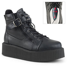 Load image into Gallery viewer, right side view of black vegan leather 2" platform lace-up oxford creeper bootie shoe, buckle strap w/ cone spike studded metal plate & o-ring details, zipper details up the back w/ exposed outer and inner zippers