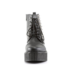 Load image into Gallery viewer, front side view of black vegan leather 2" platform Lace-up front creeper ankle boot w/ spikes at outer side and full inside zip closure. has hidden coffin shaped stash box underneath sole cover inside shoe