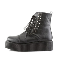Load image into Gallery viewer, left side view of black vegan leather 2" platform Lace-up front creeper ankle boot w/ spikes at outer side and full inside zip closure. has hidden coffin shaped stash box underneath sole cover inside shoe
