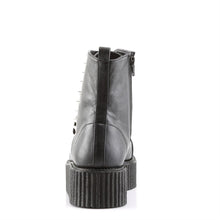 Load image into Gallery viewer, back side view of black vegan leather 2" platform Lace-up front creeper ankle boot w/ spikes at outer side and full inside zip closure. has hidden coffin shaped stash box underneath sole cover inside shoe